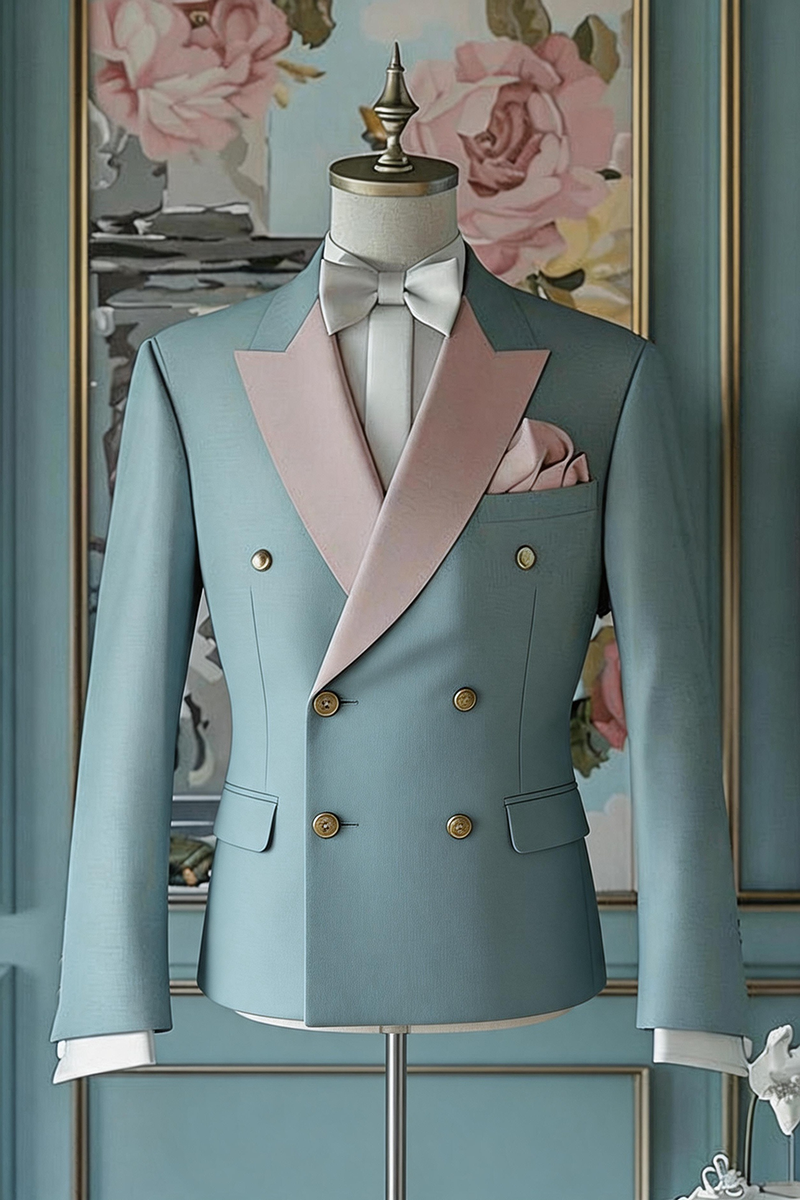 Boys Blue Double Breasted Tuxedo for Weddings with Blush Satin Lapels