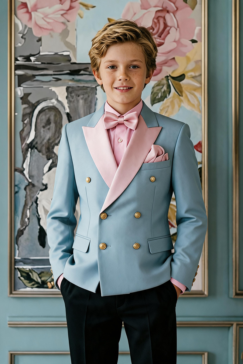 Boys Blue Double Breasted Tuxedo for Weddings with Blush Satin Lapels