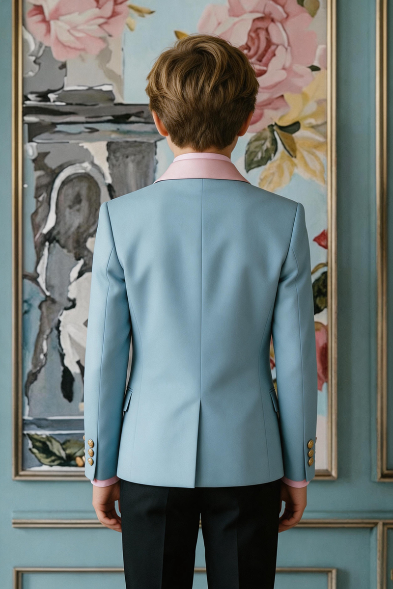 Boys Blue Double Breasted Tuxedo for Weddings with Blush Satin Lapels