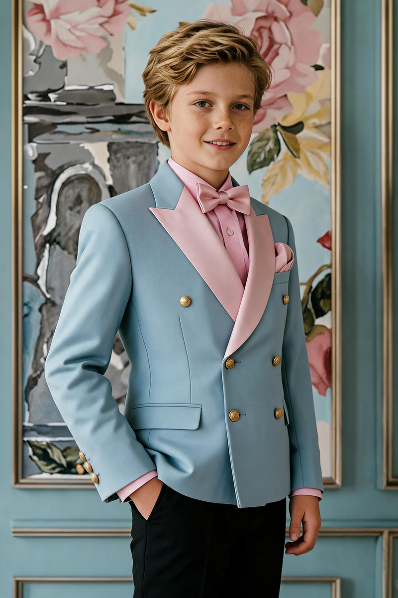 Boys Blue Double Breasted Tuxedo for Weddings with Blush Satin Lapels