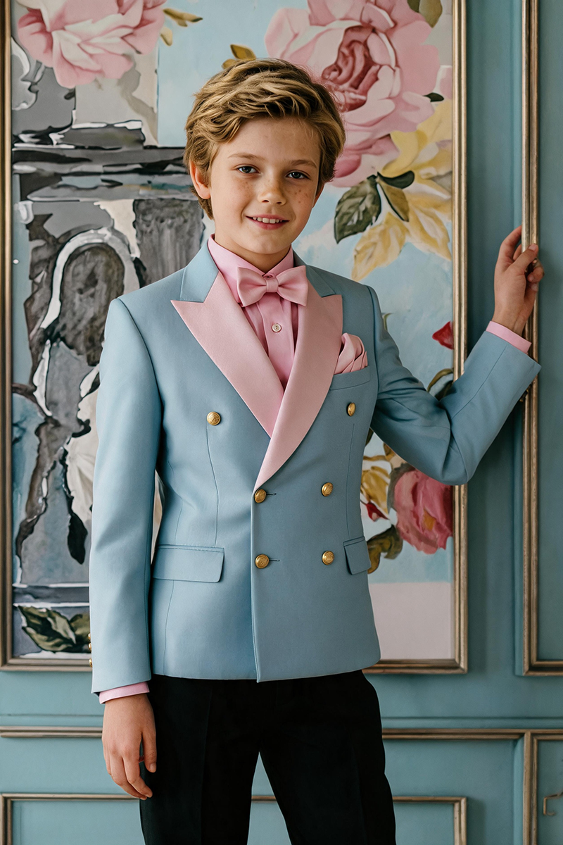 Boys Blue Double Breasted Tuxedo for Weddings with Blush Satin Lapels