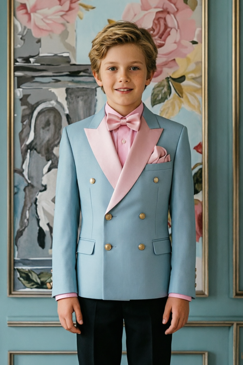 Boys Blue Double Breasted Tuxedo for Weddings with Blush Satin Lapels
