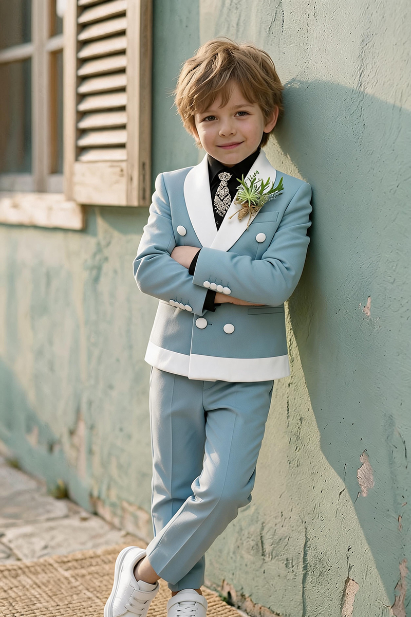Boys Light Blue Tuxedo 2-Piece Suit for Wedding Ceremonies with White Satin Lapel Trim