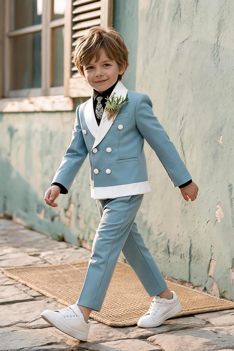 Boys Light Blue Tuxedo 2-Piece Suit for Wedding Ceremonies with White Satin Lapel Trim