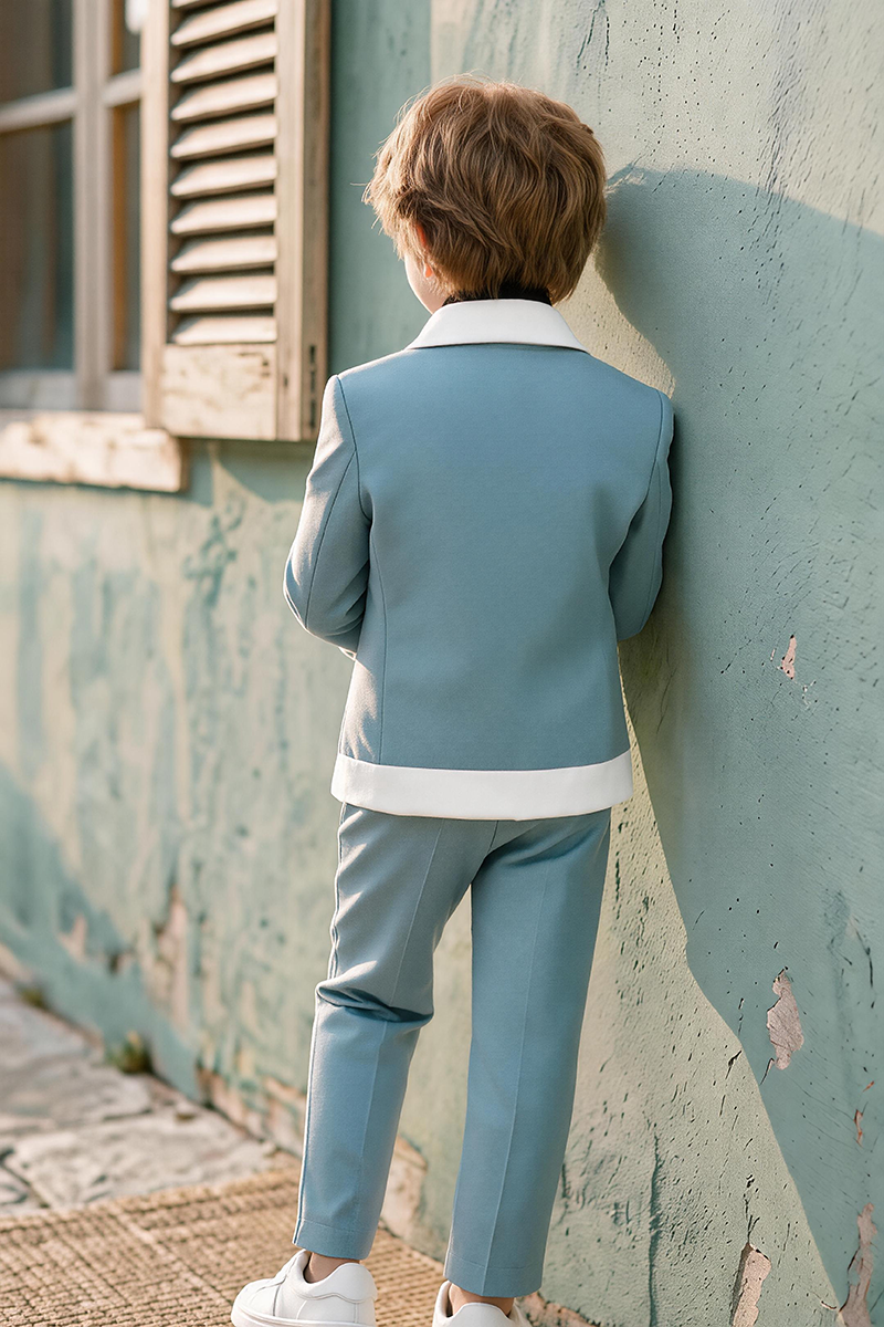 Boys Light Blue Tuxedo 2-Piece Suit for Wedding Ceremonies with White Satin Lapel Trim
