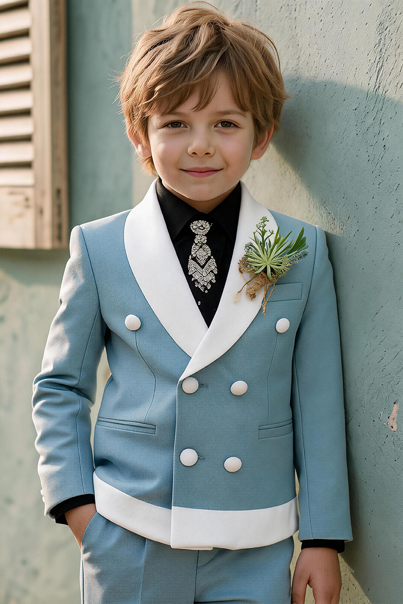 Boys Light Blue Tuxedo 2-Piece Suit for Wedding Ceremonies with White Satin Lapel Trim