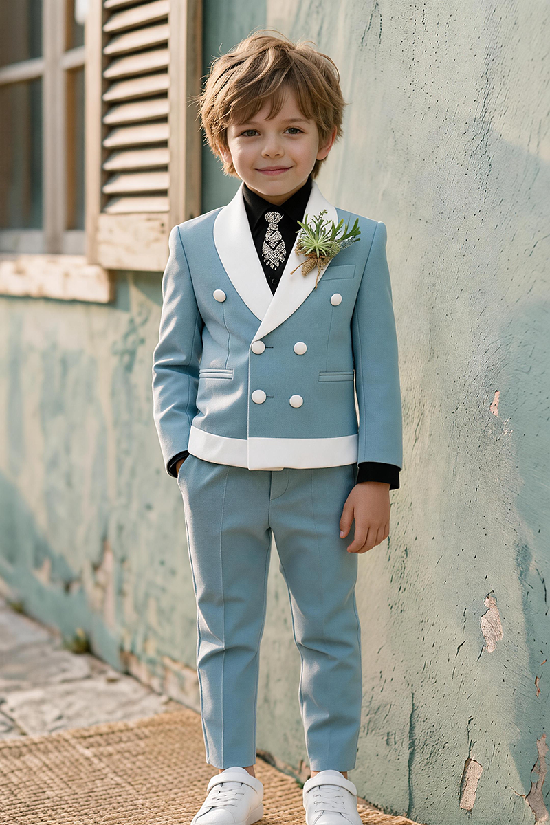 Boys Light Blue Tuxedo 2-Piece Suit for Wedding Ceremonies with White Satin Lapel Trim
