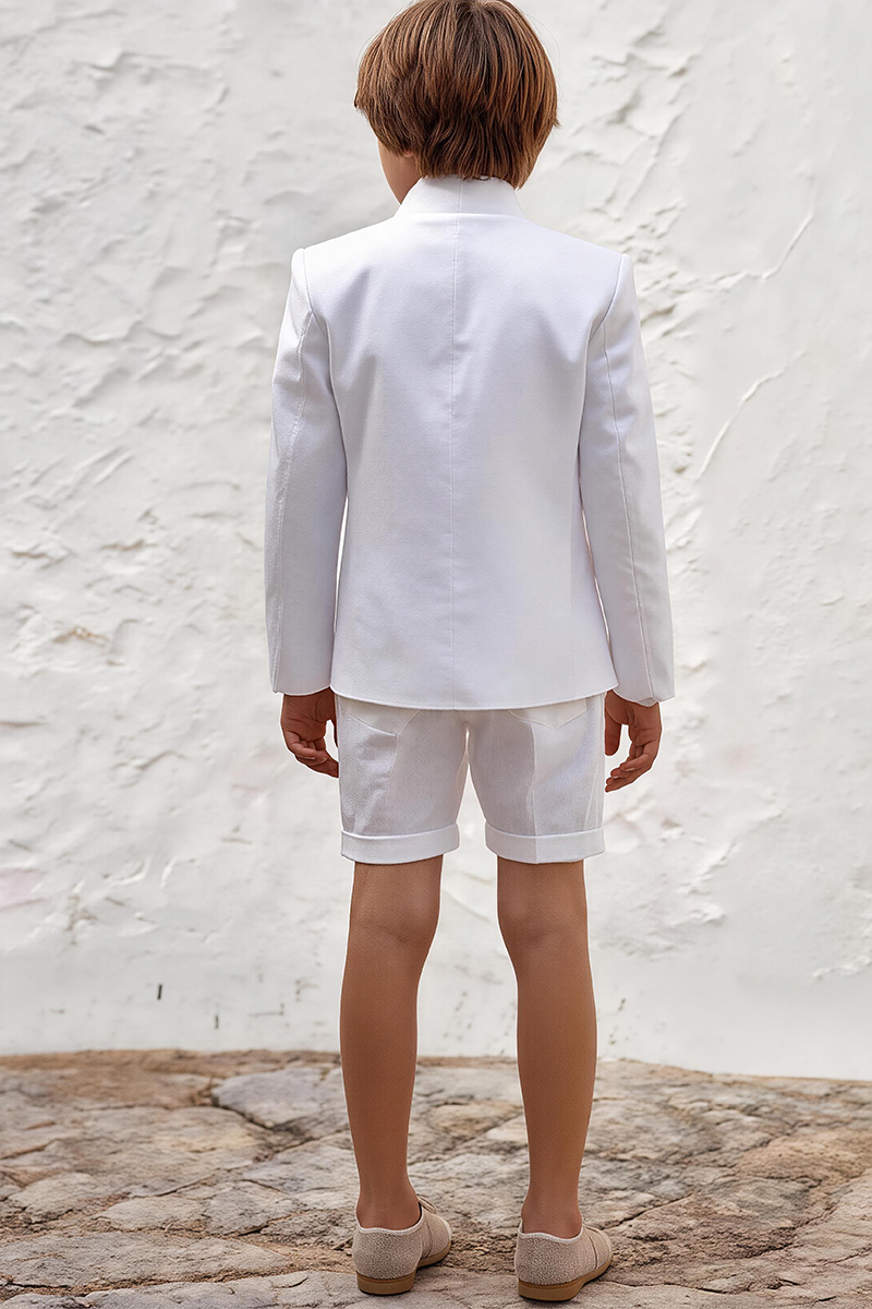 Boys White Linen Stand Collar Blazer & Shorts 2-piece Suit