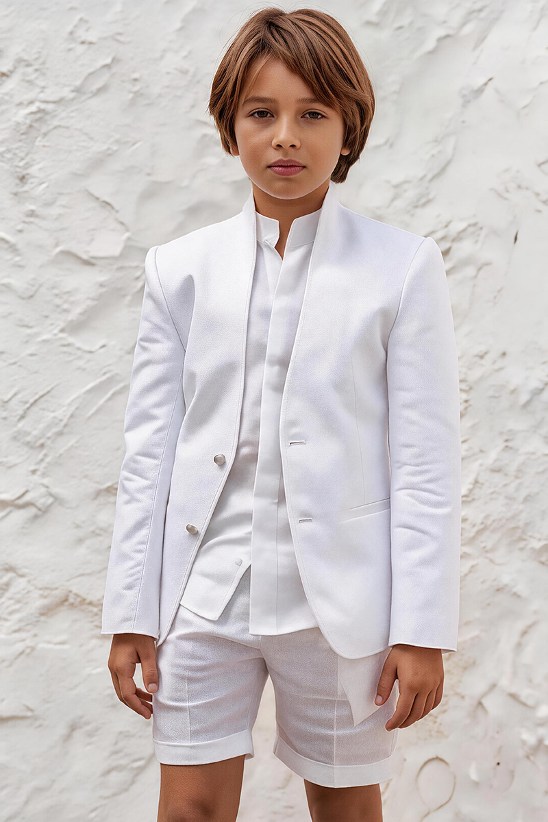 Boys White Linen Stand Collar Blazer & Shorts 2-piece Suit