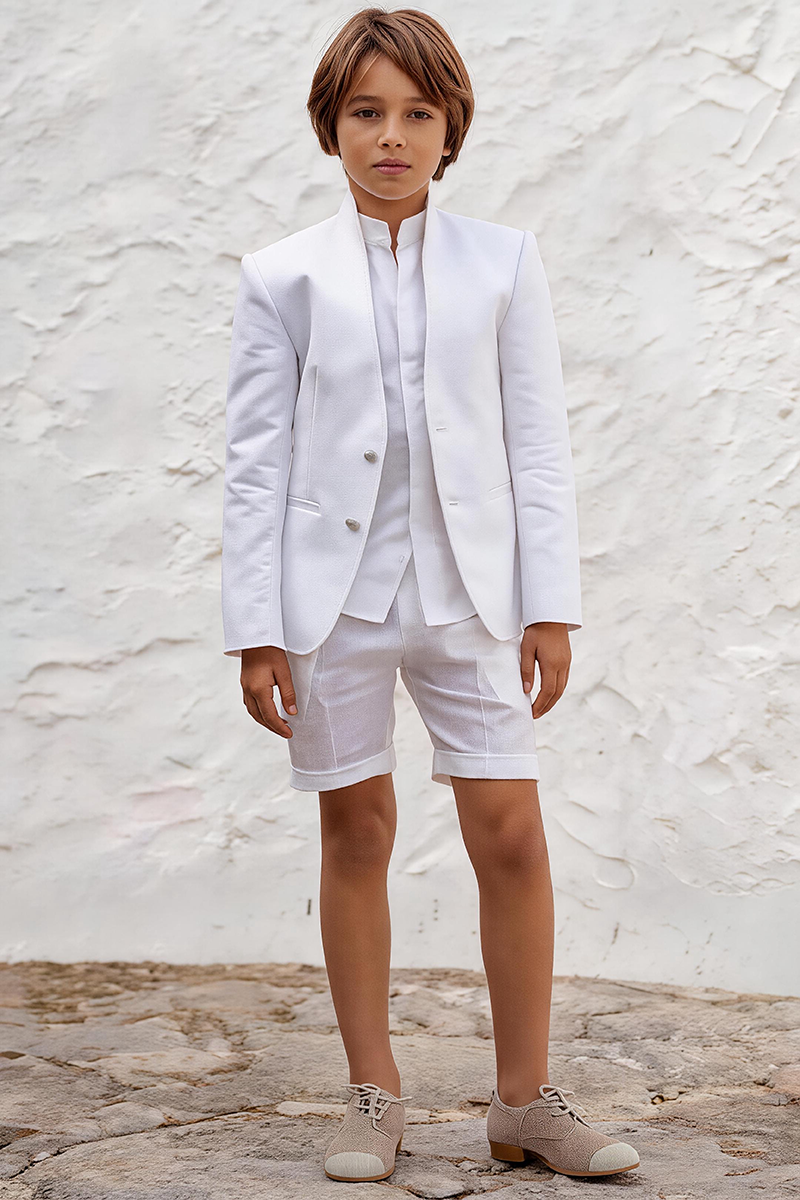 Boys White Linen Stand Collar Blazer & Shorts 2-piece Suit