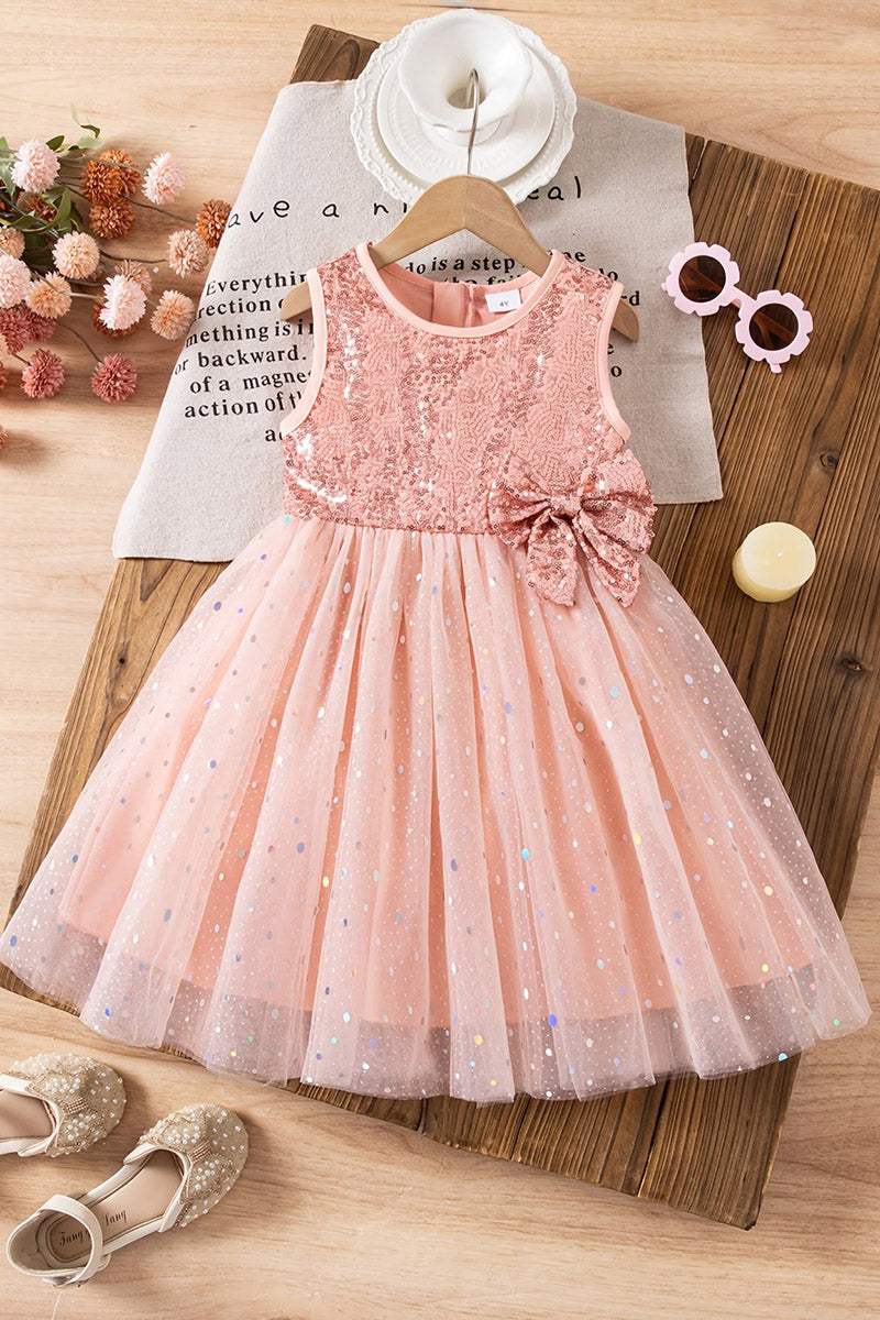 Girls Blush Sequin Tulle Flower Girl Dress for Weddings with Matching Bow