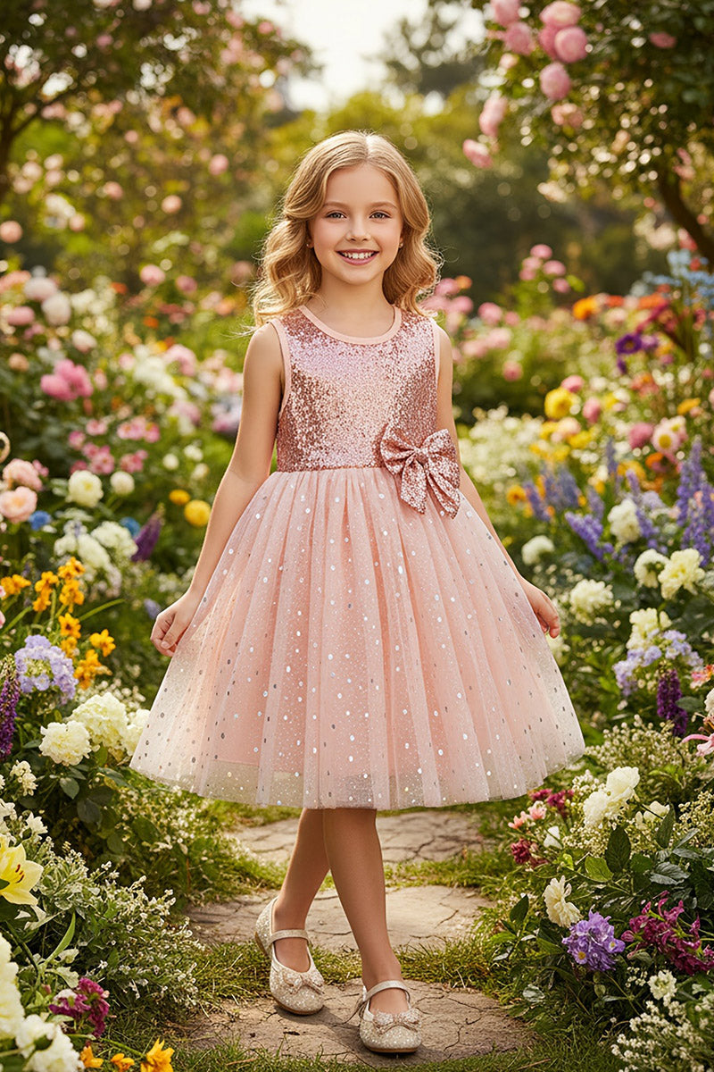 Girls Blush Sequin Tulle Flower Girl Dress for Weddings with Matching Bow