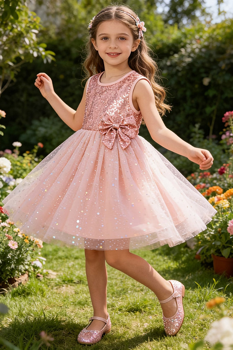 Girls Blush Sequin Tulle Flower Girl Dress for Weddings with Matching Bow