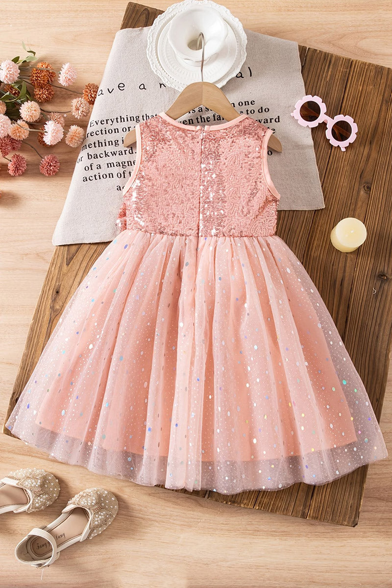 Girls Blush Sequin Tulle Flower Girl Dress for Weddings with Matching Bow