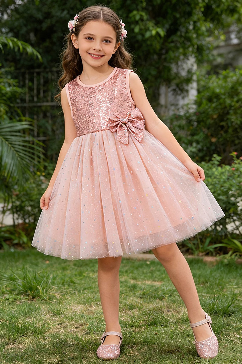 Girls Blush Sequin Tulle Flower Girl Dress for Weddings with Matching Bow