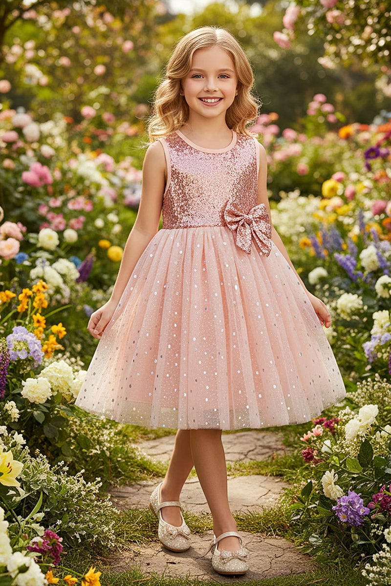 Girls Blush Sequin Tulle Flower Girl Dress for Weddings with Matching Bow