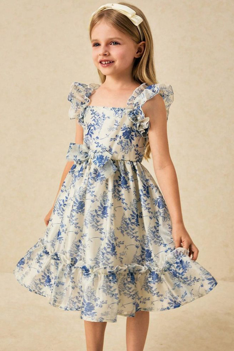 Girls Blue Floral Ruffle Flower Girl Dress for Garden Weddings with Waist Bow