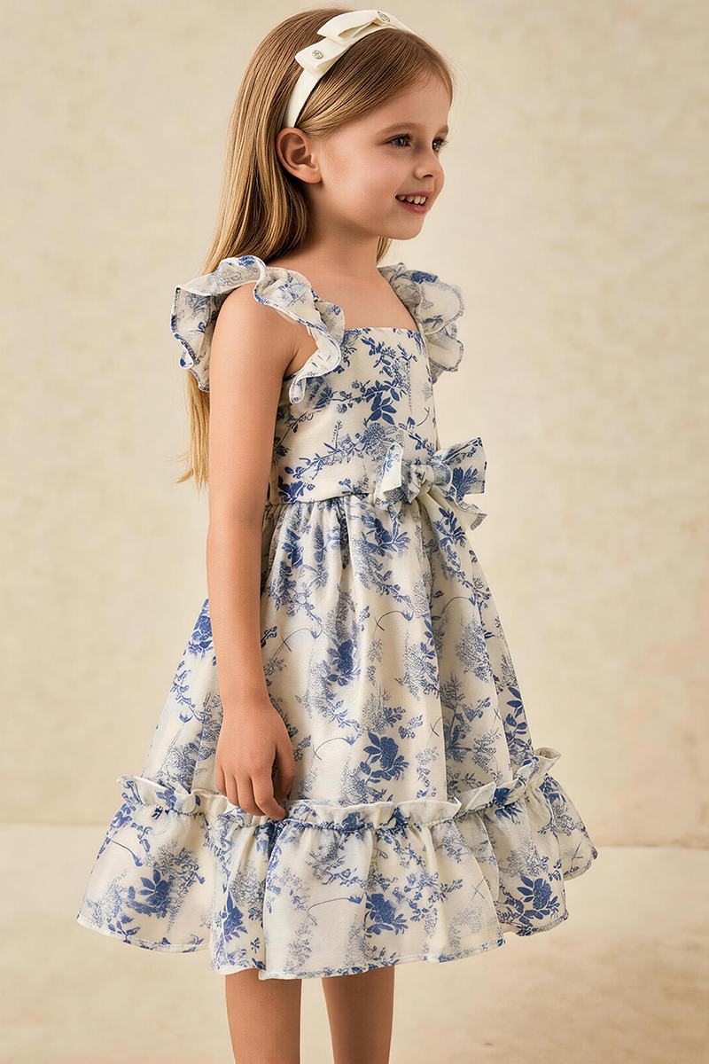Girls Blue Floral Ruffle Flower Girl Dress for Garden Weddings with Waist Bow