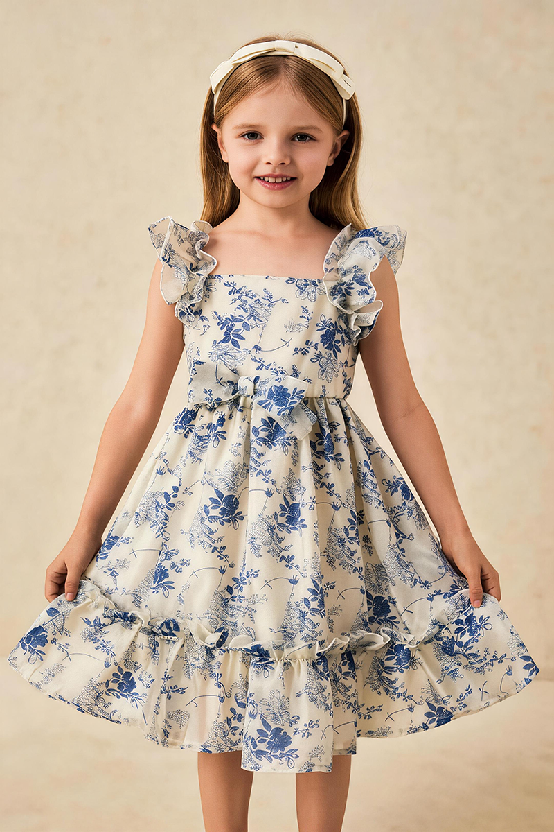 Girls Blue Floral Ruffle Flower Girl Dress for Garden Weddings with Waist Bow