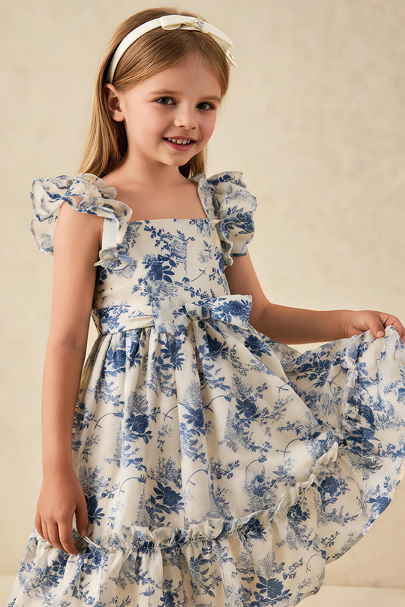 Girls Blue Floral Ruffle Flower Girl Dress for Garden Weddings with Waist Bow