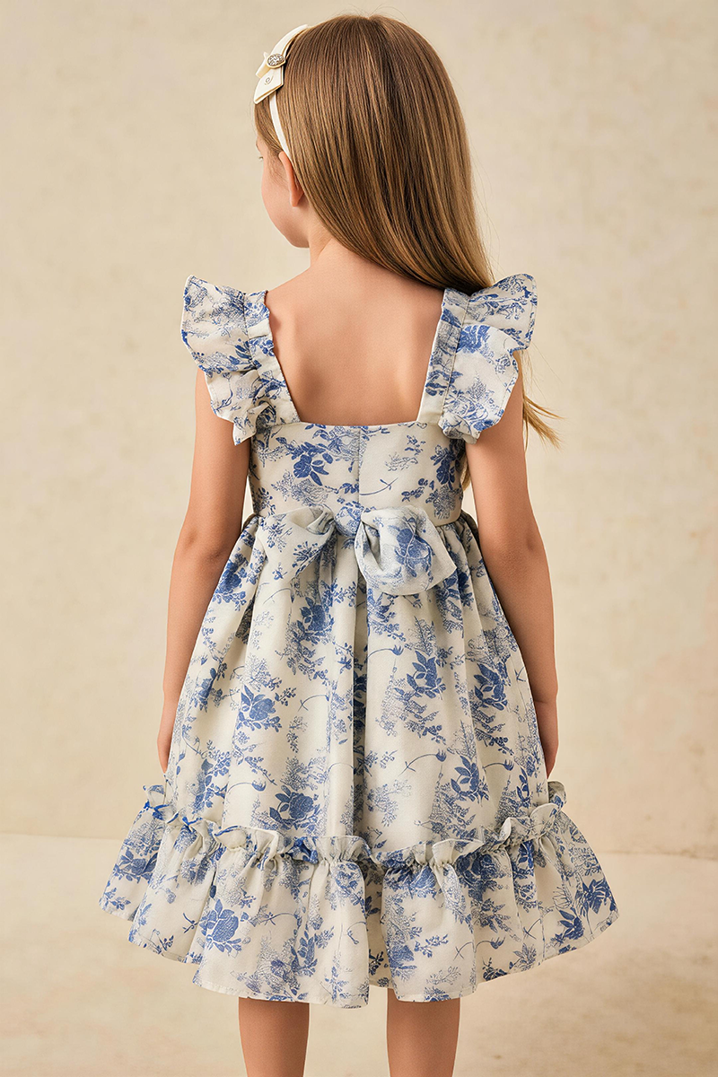 Girls Blue Floral Ruffle Flower Girl Dress for Garden Weddings with Waist Bow