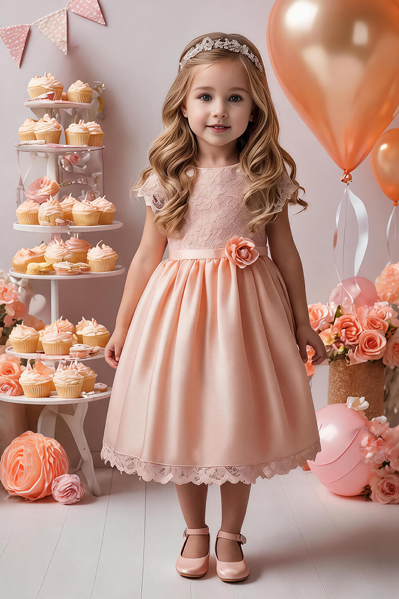 Girls Blush Lace Satin Flower Girl Dress for Wedding Parties with Floral Waist Accent