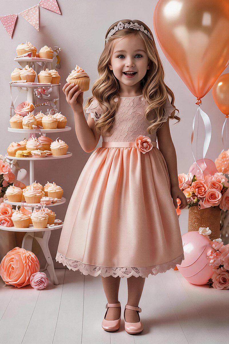 Girls Blush Lace Satin Flower Girl Dress for Wedding Parties with Floral Waist Accent
