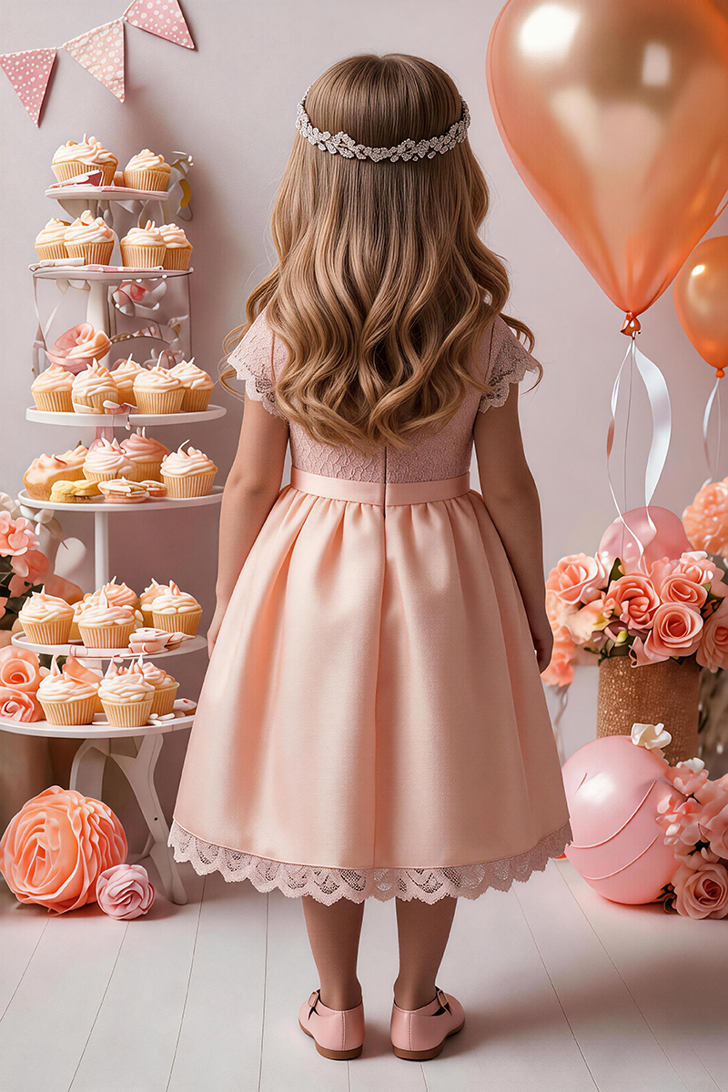 Girls Blush Lace Satin Flower Girl Dress for Wedding Parties with Floral Waist Accent