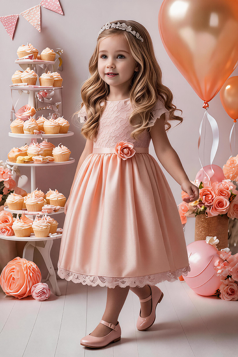 Girls Blush Lace Satin Flower Girl Dress for Wedding Parties with Floral Waist Accent