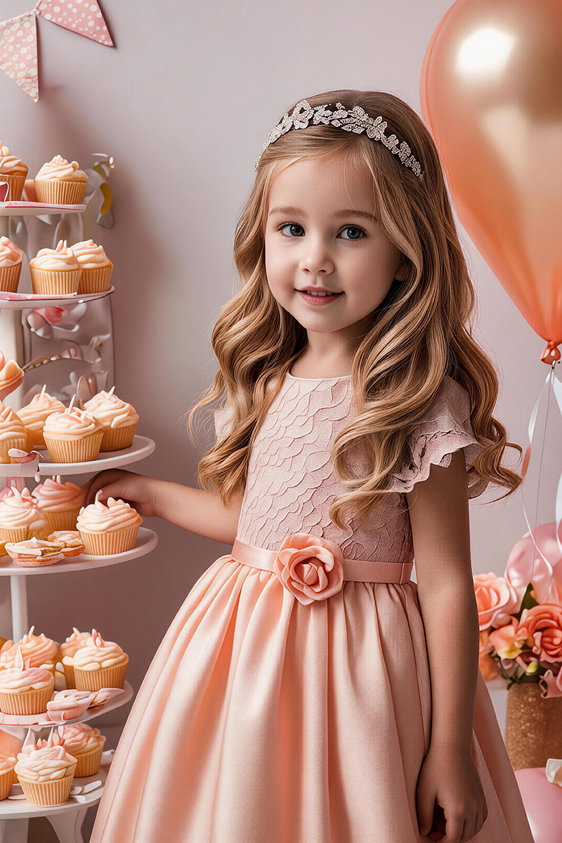 Girls Blush Lace Satin Flower Girl Dress for Wedding Parties with Floral Waist Accent
