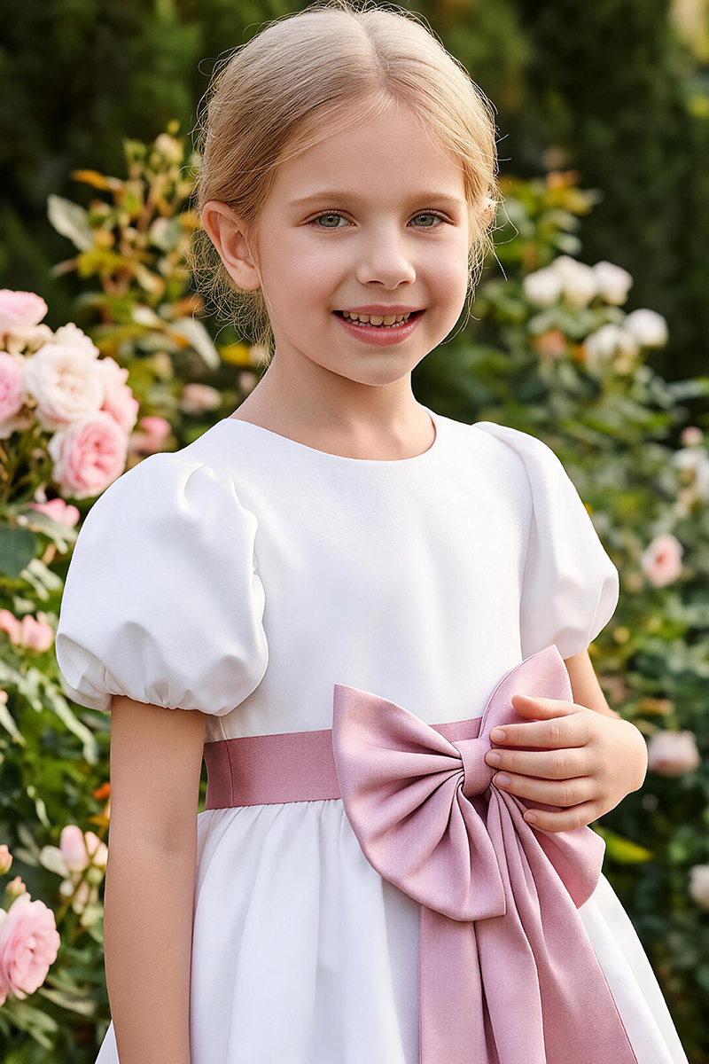 Girls White Satin Flower Girl Dress for Garden Weddings with Dusty Pink Waist Bow