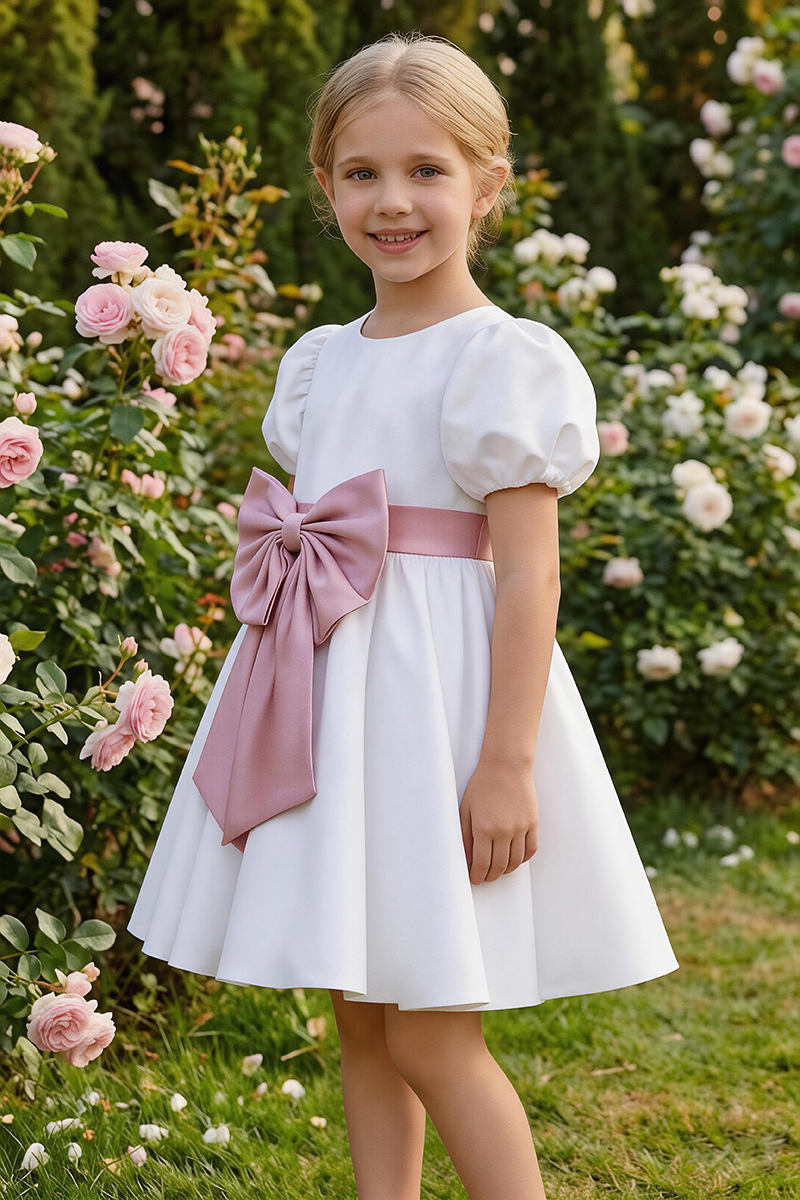 Girls White Satin Flower Girl Dress for Garden Weddings with Dusty Pink Waist Bow