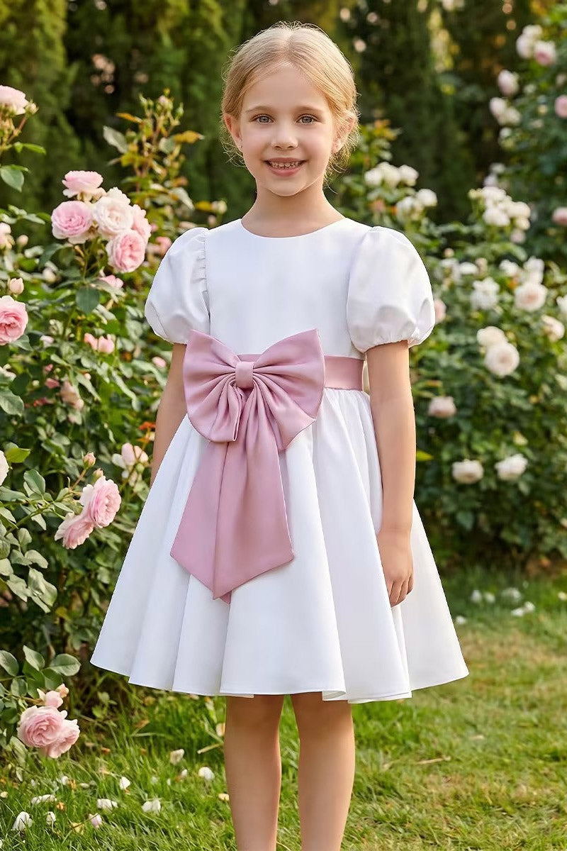 Girls White Satin Flower Girl Dress for Garden Weddings with Dusty Pink Waist Bow