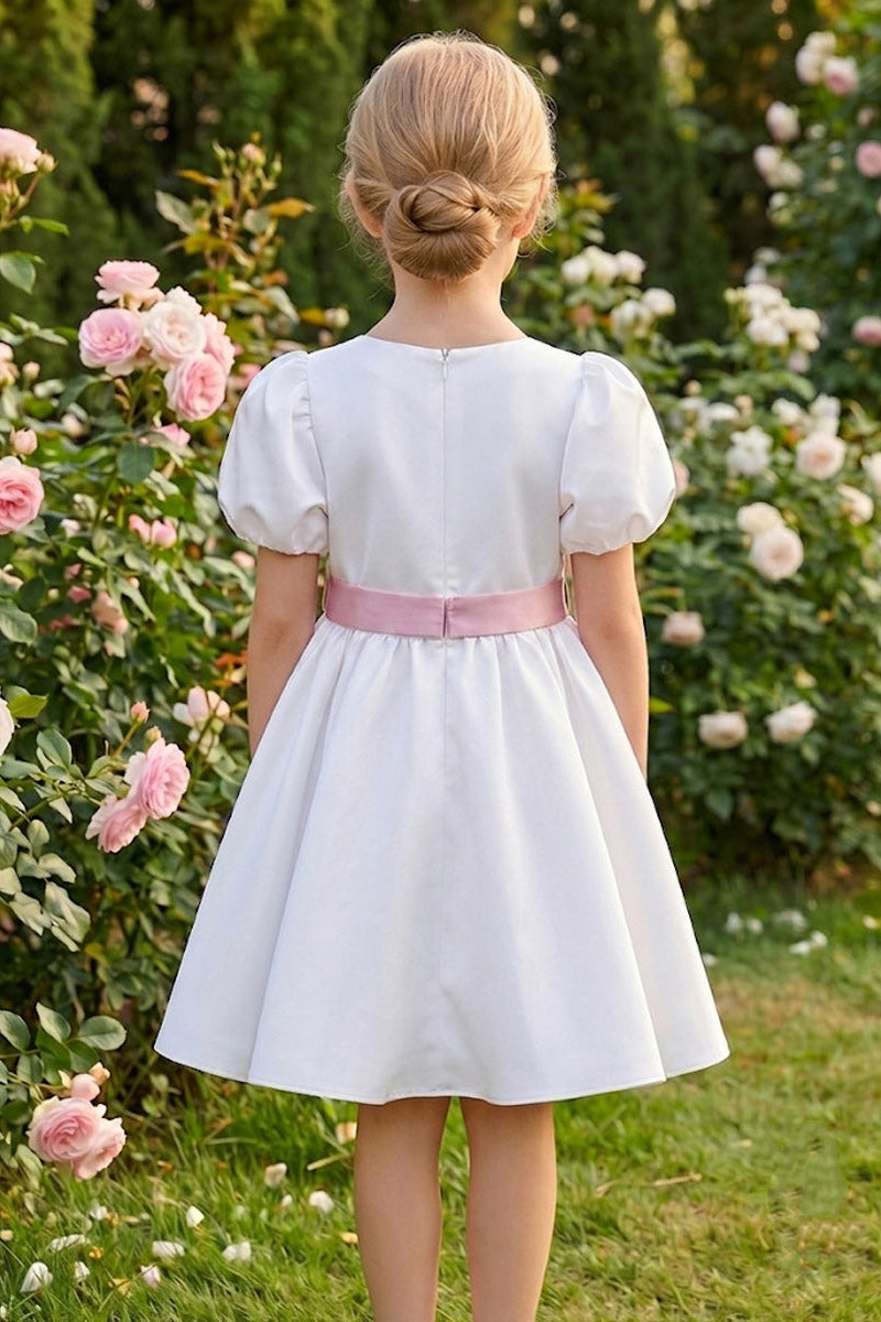 Girls White Satin Flower Girl Dress for Garden Weddings with Dusty Pink Waist Bow