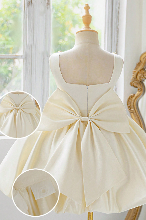 Blush Pink Satin Pearl Trim Sleeveless A-Line Formal Flower Girl Dress