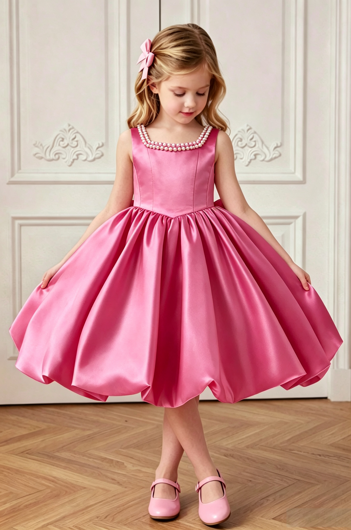 Blush Pink Satin Pearl Trim Sleeveless A-Line Formal Flower Girl Dress
