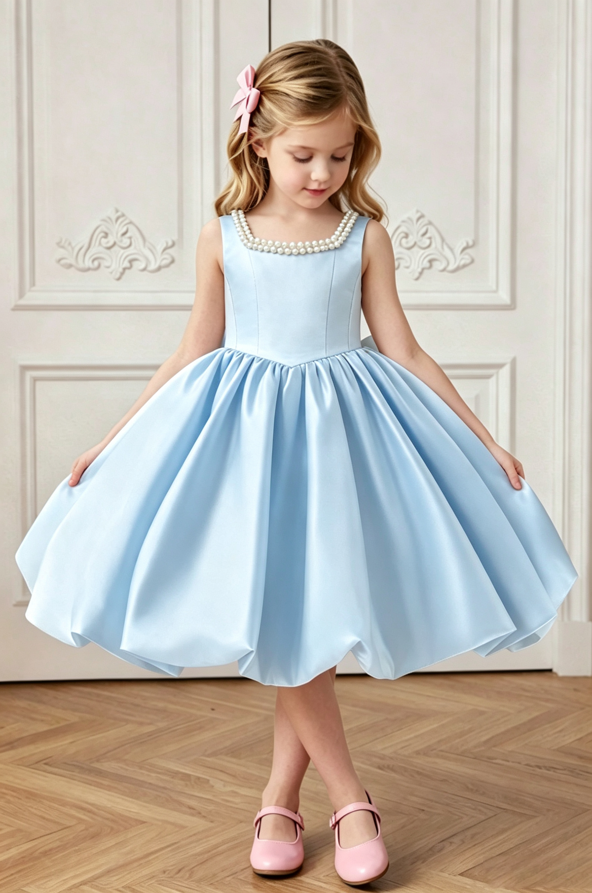 Blush Pink Satin Pearl Trim Sleeveless A-Line Formal Flower Girl Dress