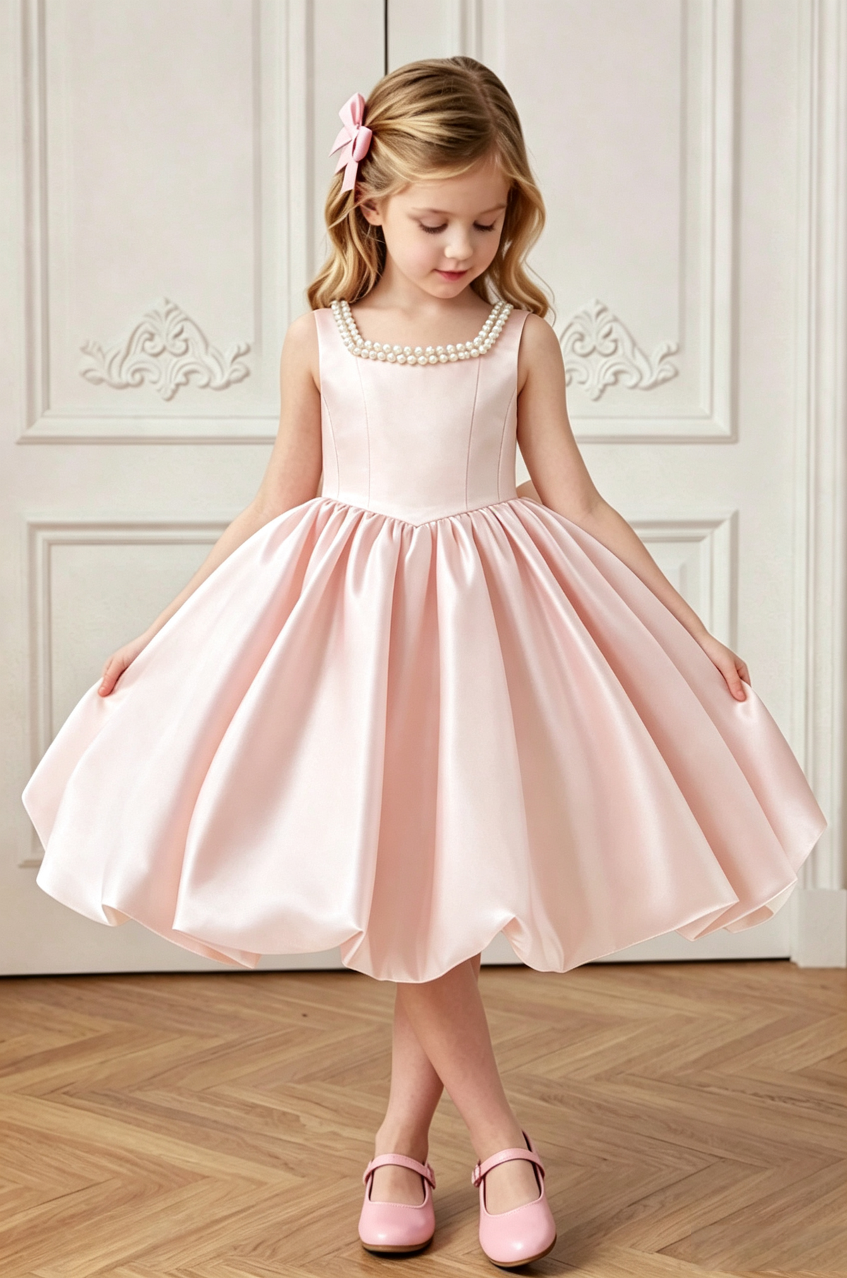 Blush Pink Satin Pearl Trim Sleeveless A-Line Formal Flower Girl Dress