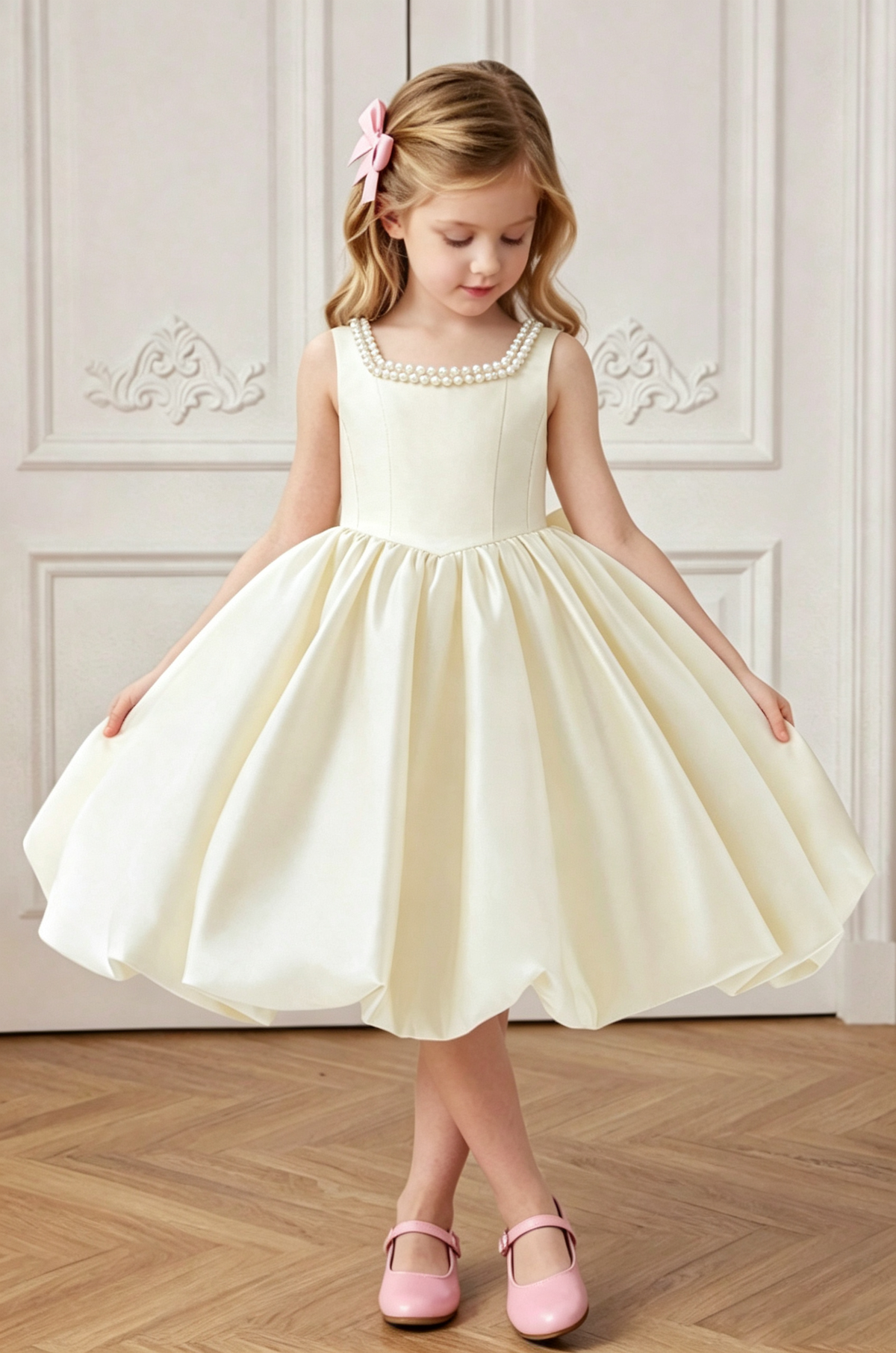 Blush Pink Satin Pearl Trim Sleeveless A-Line Formal Flower Girl Dress