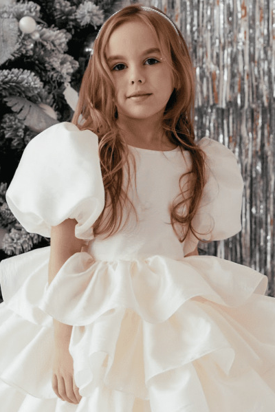 Cream White Organza Puff Sleeve Heavy Ruffle Long Train Formal Dress