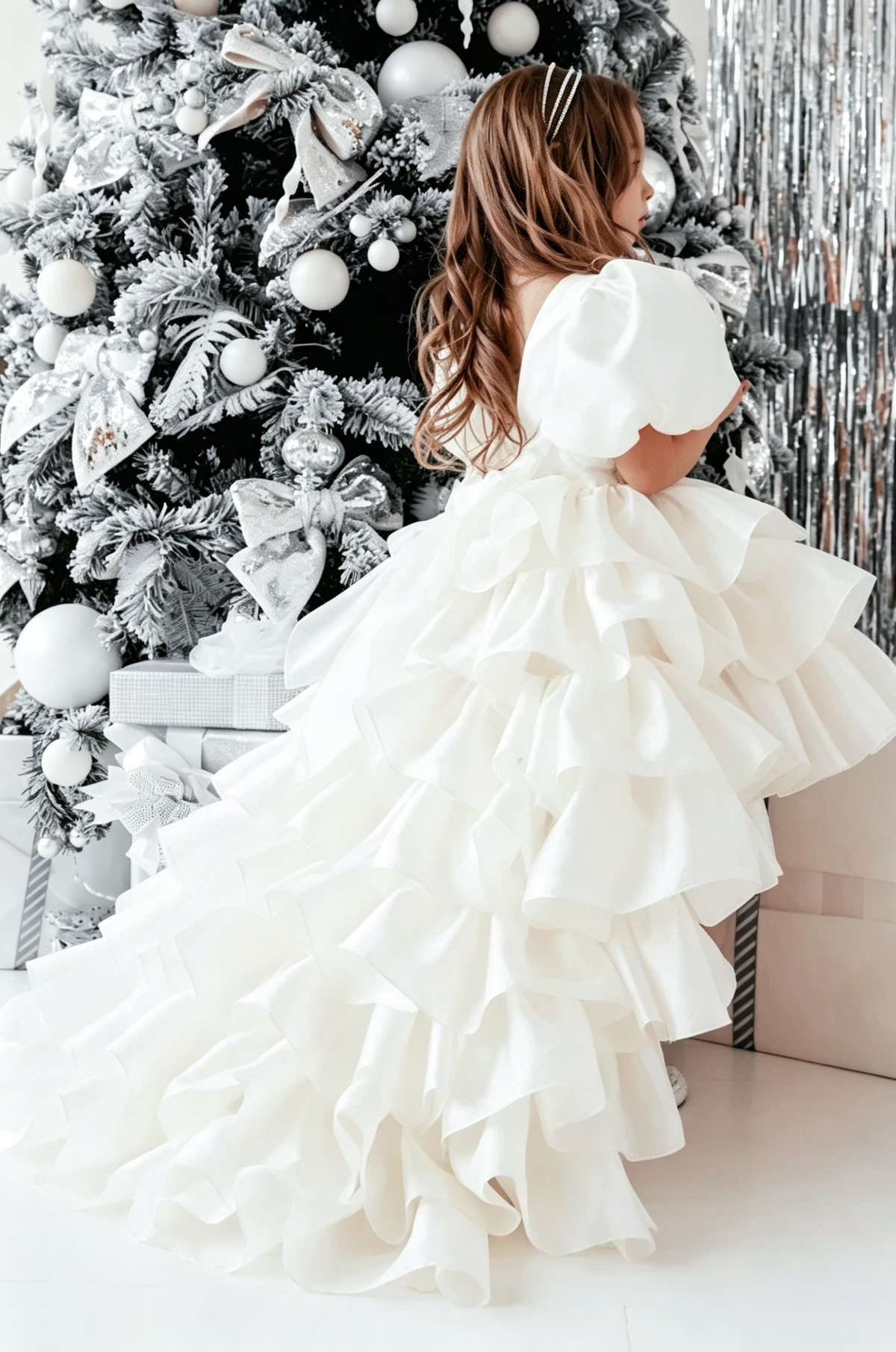 Cream White Organza Puff Sleeve Heavy Ruffle Long Train Formal Dress