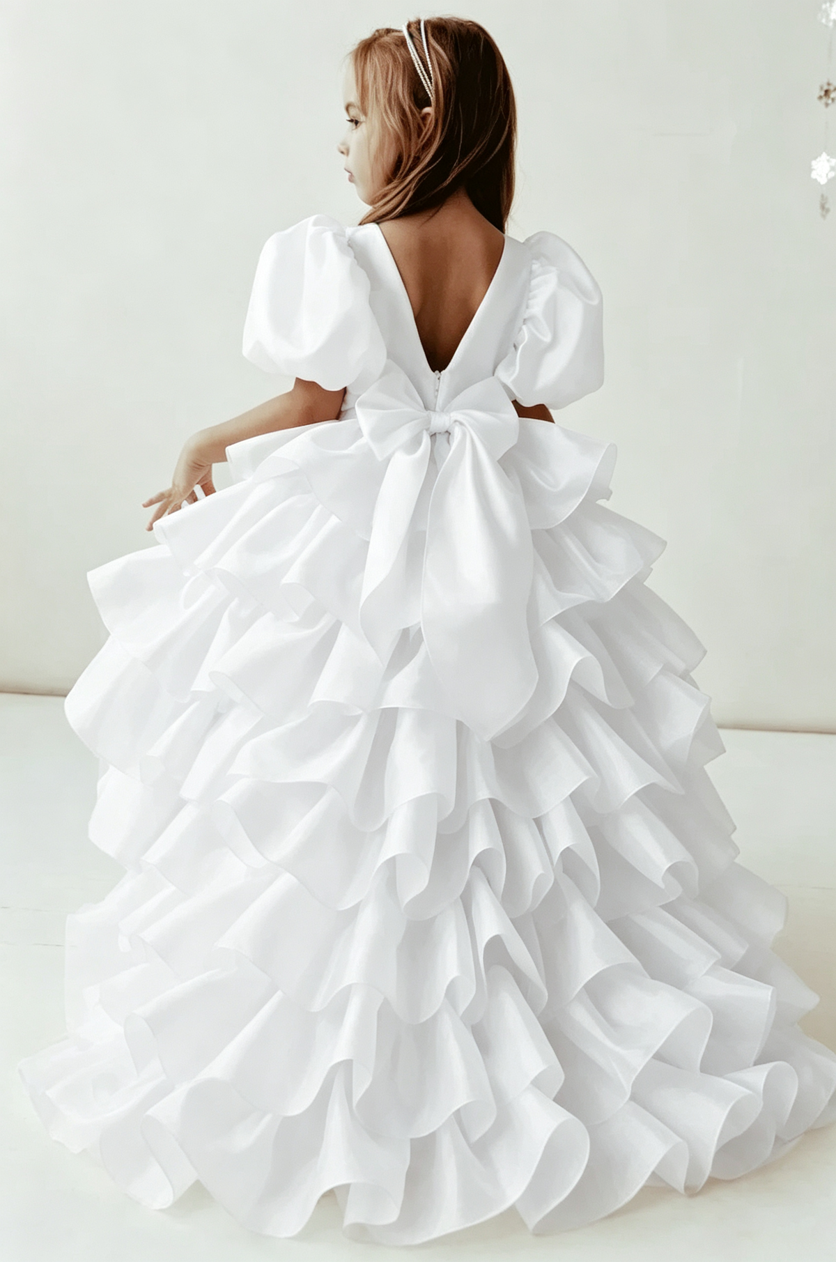 Cream White Organza Puff Sleeve Heavy Ruffle Long Train Formal Dress