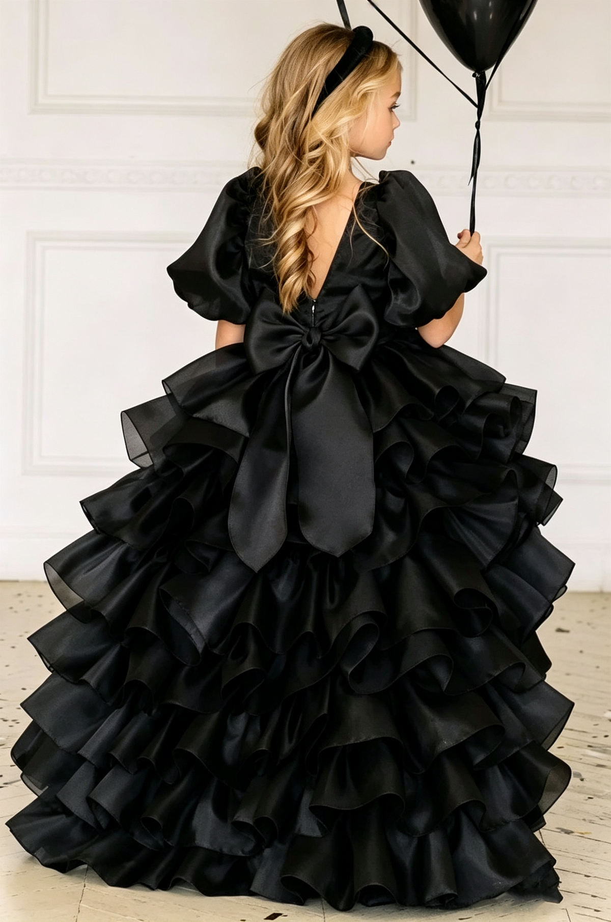Cream White Organza Puff Sleeve Heavy Ruffle Long Train Formal Dress
