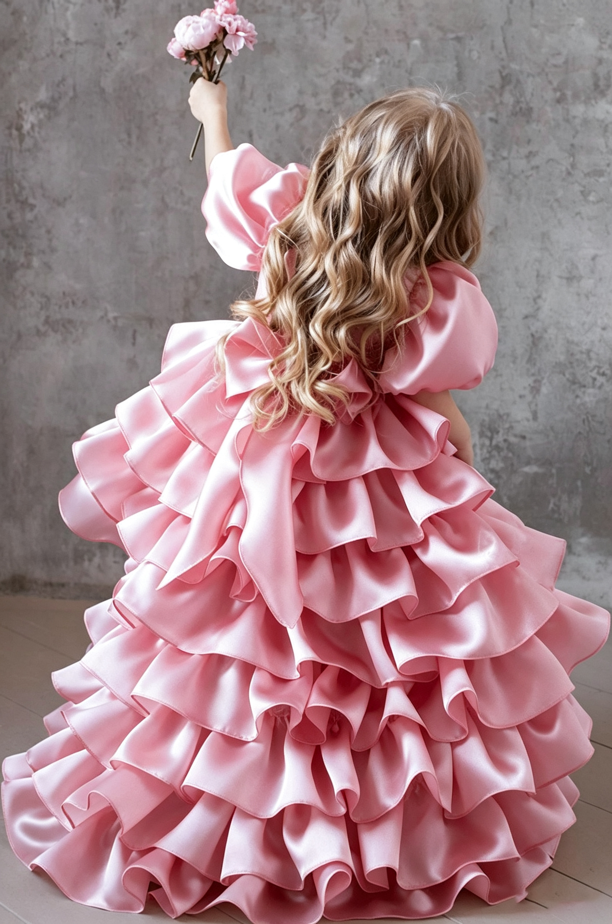 Cream White Organza Puff Sleeve Heavy Ruffle Long Train Formal Dress