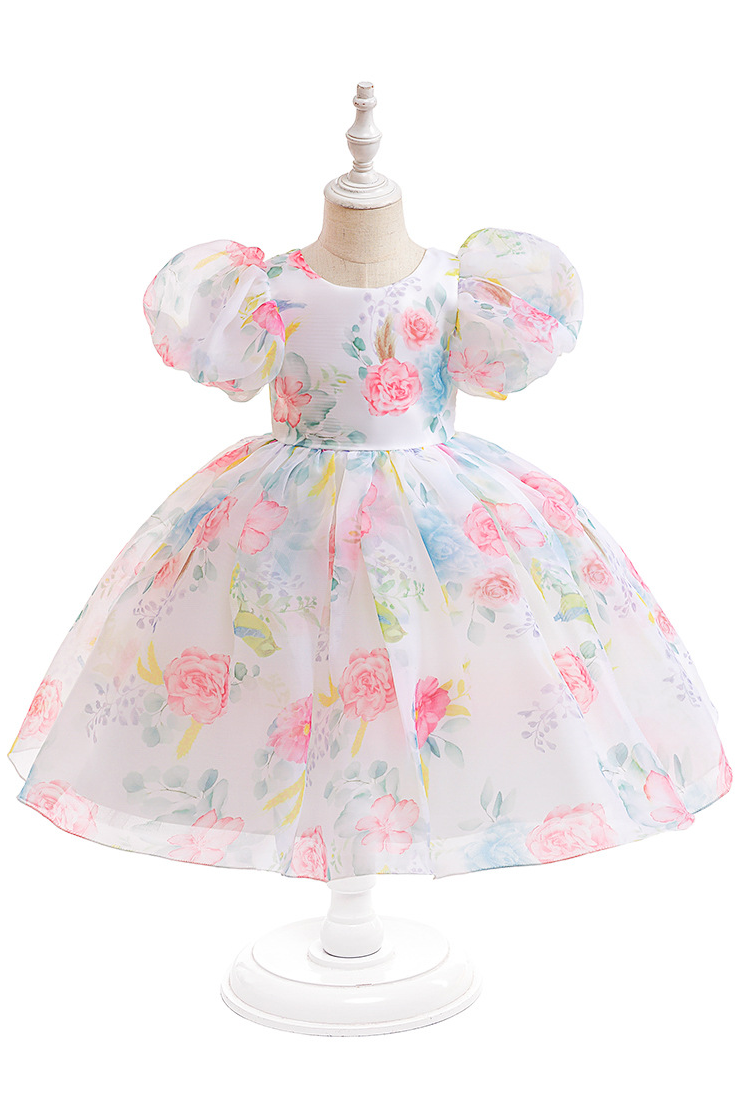 Cream White Chiffon Floral Print Puff Sleeve A-Line Dress