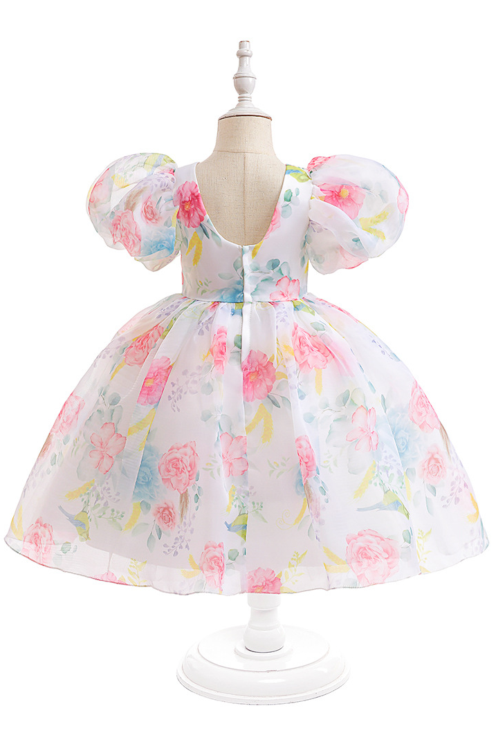 Cream White Chiffon Floral Print Puff Sleeve A-Line Dress