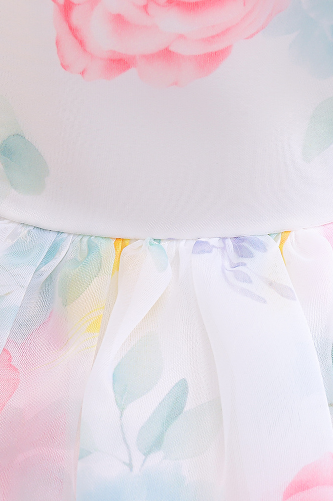 Cream White Chiffon Floral Print Puff Sleeve A-Line Dress