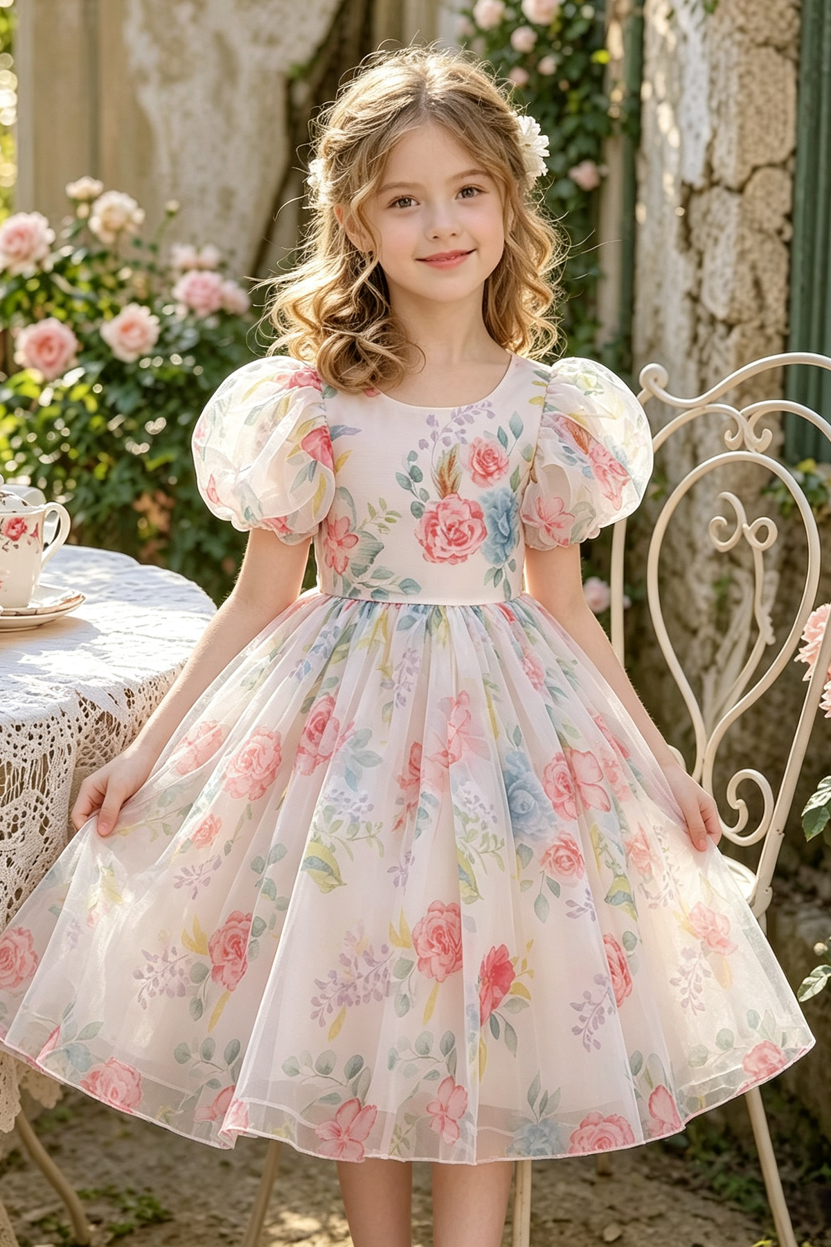 Cream White Chiffon Floral Print Puff Sleeve A-Line Dress