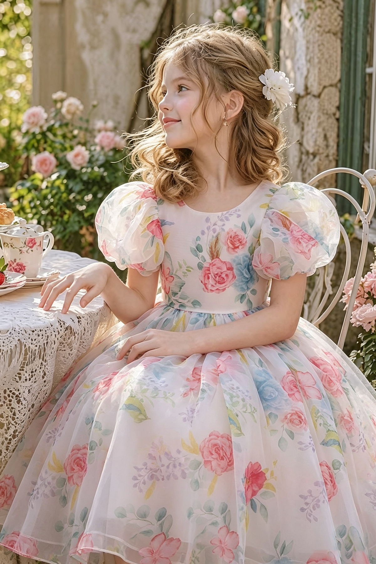 Cream White Chiffon Floral Print Puff Sleeve A-Line Dress