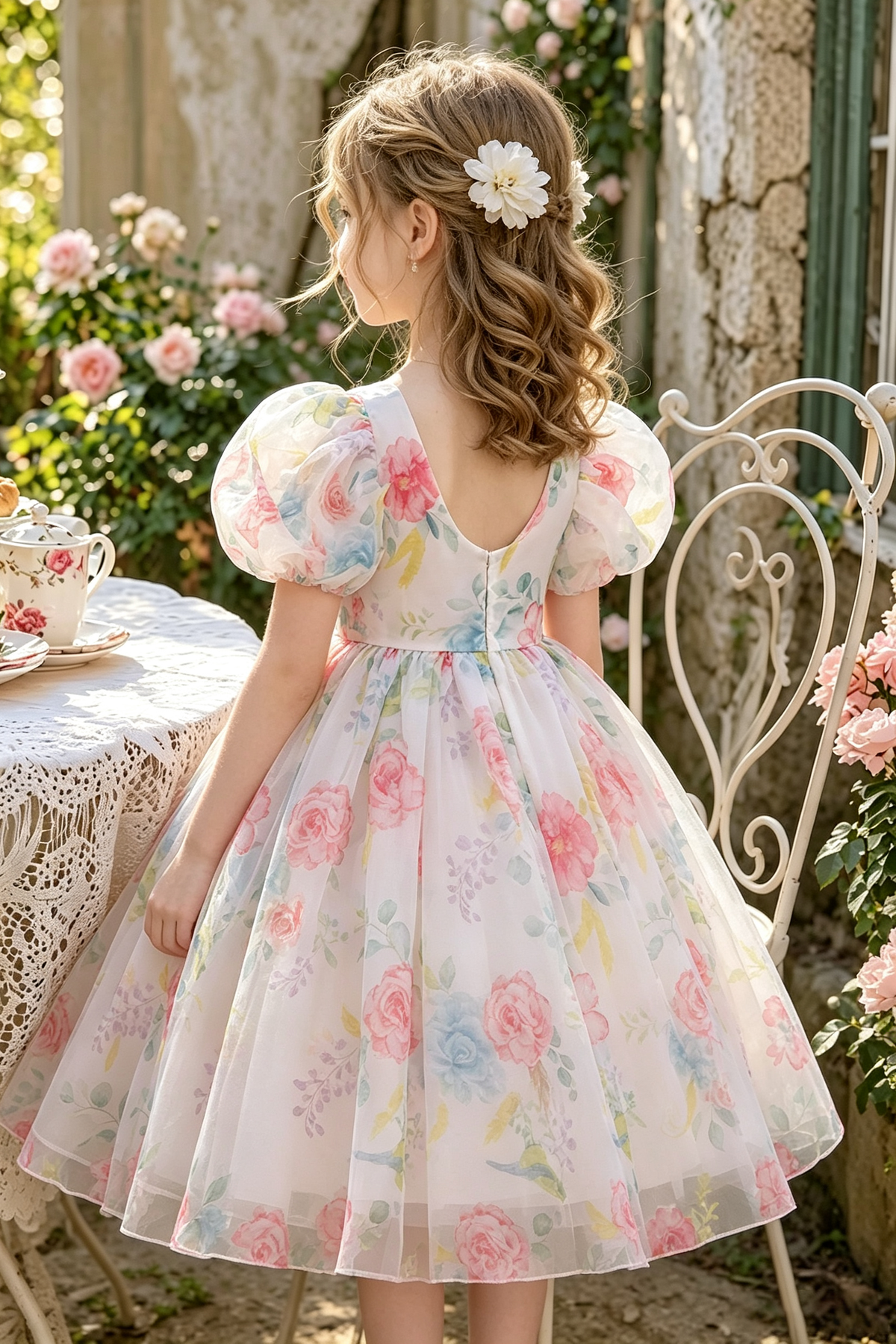 Cream White Chiffon Floral Print Puff Sleeve A-Line Dress